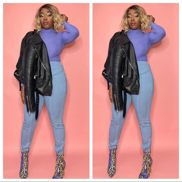 CHIVE BLOSSOM PURPLE RIBBED LONG SLEEVE MOCK NECK THONG BODYSUIT - Picture 2 of 6